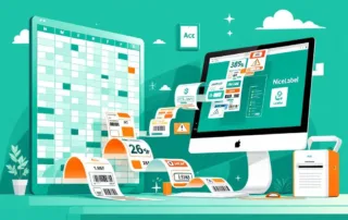 Excel-spreadsheet die overgaat in kleurrijke industriële etiketten naar computerscherm met NiceLabel software