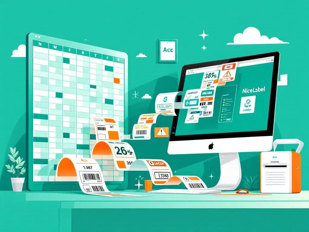 excel-naar-nicelabel-etiketten-software-integratie.jpg Excel-spreadsheet die overgaat in kleurrijke industriële etiketten naar computerscherm met NiceLabel software