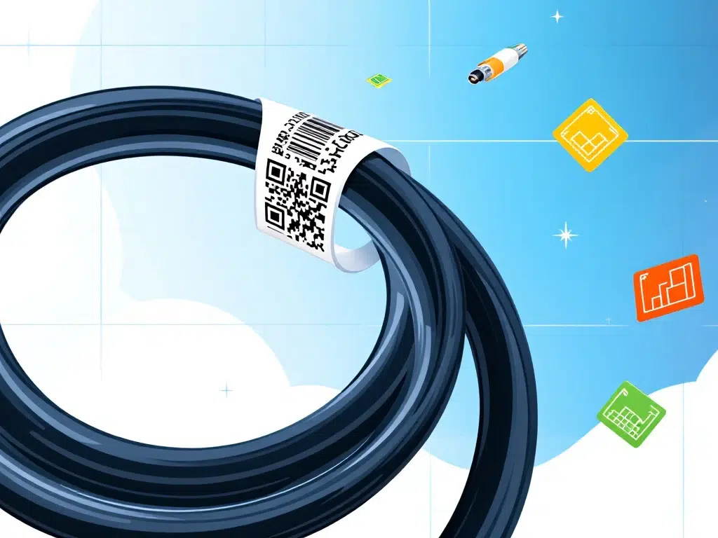 industriele-kabel-qr-code-labels-etiketten.jpg Zwarte industriële kabel met witte QR-code label en kleurrijke kabellabels op blauwe achtergrond