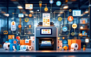 Industriële labelprinter met kleurrijke labelrollen, automatiseringsverbindingen en digitale workflow-iconen in moderne fabriek
