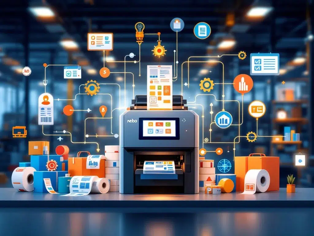 Industriële labelprinter met kleurrijke labelrollen, automatiseringsverbindingen en digitale workflow-iconen in moderne fabriek