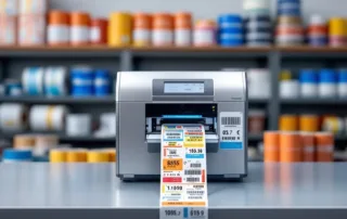 Professionele industriële labelprinter op werkbank met kleurrijke serienummerlabels en georganiseerde labelrollen op achtergrond