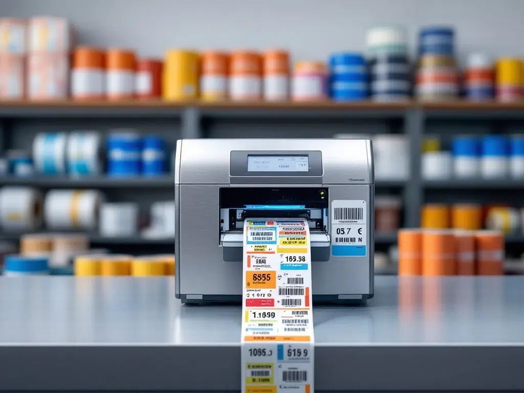 industriele-labelprinter-professioneel-barcode-labels.jpg Professionele industriële labelprinter op werkbank met kleurrijke serienummerlabels en georganiseerde labelrollen op achtergrond