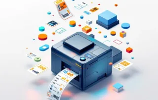 Industriële labelprinter met verschillende kleurrijke labelformaten in spiraalpatroon, blauw-oranje accenten