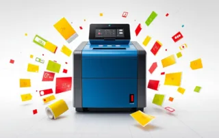 Industriële labelprinter in blauw en grijs met kleurrijke kabellabels en draadmarkeringen op witte achtergrond