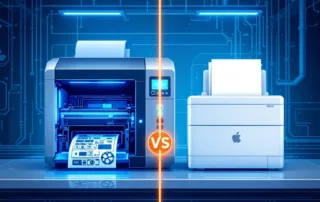 Vergelijking van industriële stickerprinter met blauwe verlichting naast eenvoudige witte kantoorprinter