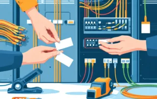 Handen die kabellabels aanbrengen op georganiseerde elektrische kabels in blauw, rood, geel en groen met professionele gereedschappen