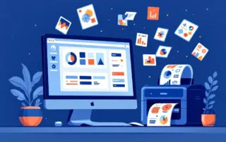 Computermonitor met labelontwerpsoftware en industriële stickerprinter die professionele labels afdrukt op modern bureau
