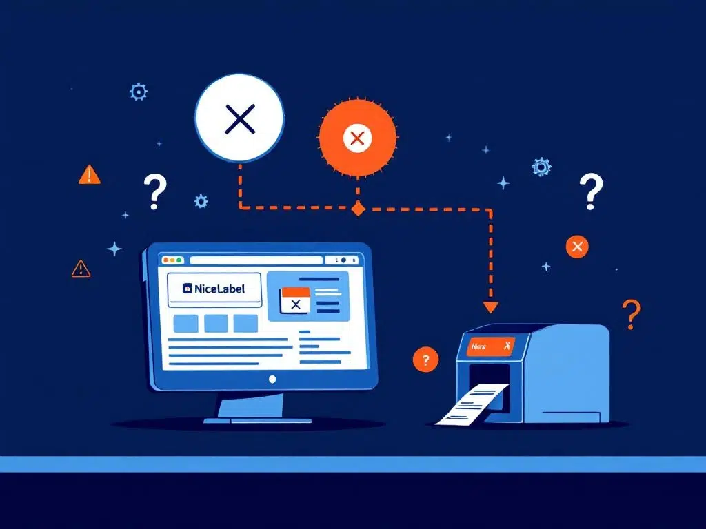 nicelabel-printer-verbinding-probleem-oplossen.jpg Computer met NiceLabel software verbonden via rode lijn met X naar losgekoppelde industriële labelprinter met vraagtekens