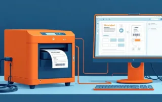 Moderne labelprinter verbonden met computer met NiceLabel software-interface, oranje en blauwe kleuren, industriële stijl