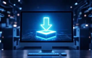 Computermonitor met NiceLabel software downloadinterface, blauwe downloadknop en 3D softwarepakket met labelprinters op achtergrond
