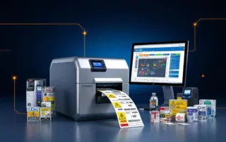 Industriële labelprinter met NiceLabel software produceert kleurrijke veiligheidslabels en barcodes voor professioneel gebruik