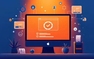 Computermonitor toont software-installatie met voortgangsbalken, omringd door digitale elementen en barcode symbolen