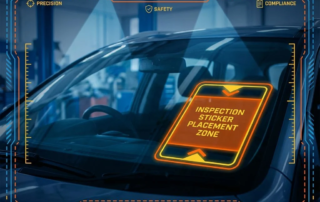 Autovoorruit met oranje gemarkeerde inspectiestickerplaatsing, positioneringsgidsen en meetmarkeringen voor compliance