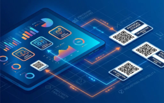 Digitale tablet met kleurrijke kalibratiestickers naast fysieke QR-code stickers, verbonden door geometrische lijnen