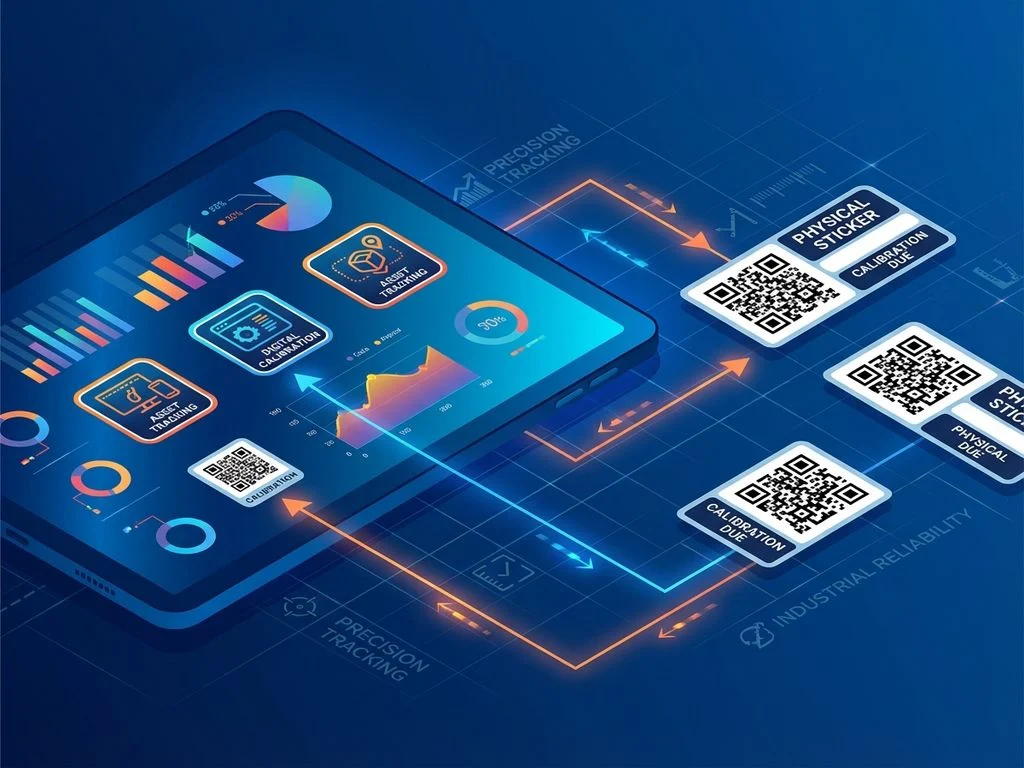 digitale-kalibratie-stickers-tablet-qr-codes.jpg Digitale tablet met kleurrijke kalibratiestickers naast fysieke QR-code stickers, verbonden door geometrische lijnen