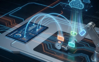 Tablet toont kalibratiedata verbonden met industriële apparatuur via blauwe datastromen en gekleurde kalibratiestickers