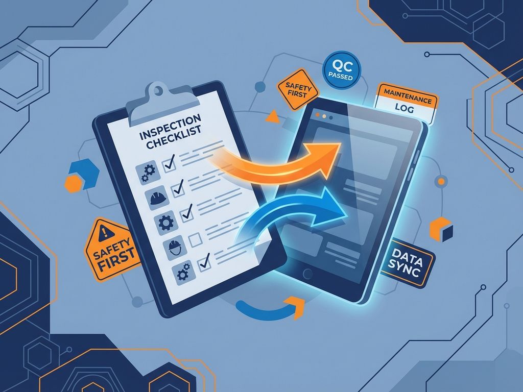 Digitale transformatie illustratie toont papieren checklist die overgaat naar tablet met pijlen en industriële labels