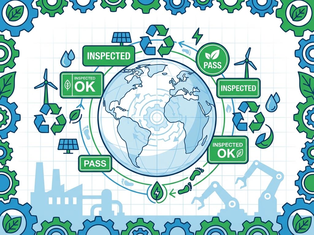 Aarde met groene inspectielabels, recycling symbolen en duurzaamheidspictogrammen in professioneel blauw-groen ontwerp