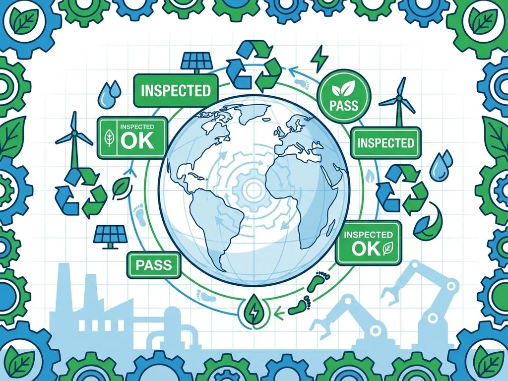 eco-inspectie-labels-duurzaamheid-aarde-recycling.jpg Aarde met groene inspectielabels, recycling symbolen en duurzaamheidspictogrammen in professioneel blauw-groen ontwerp