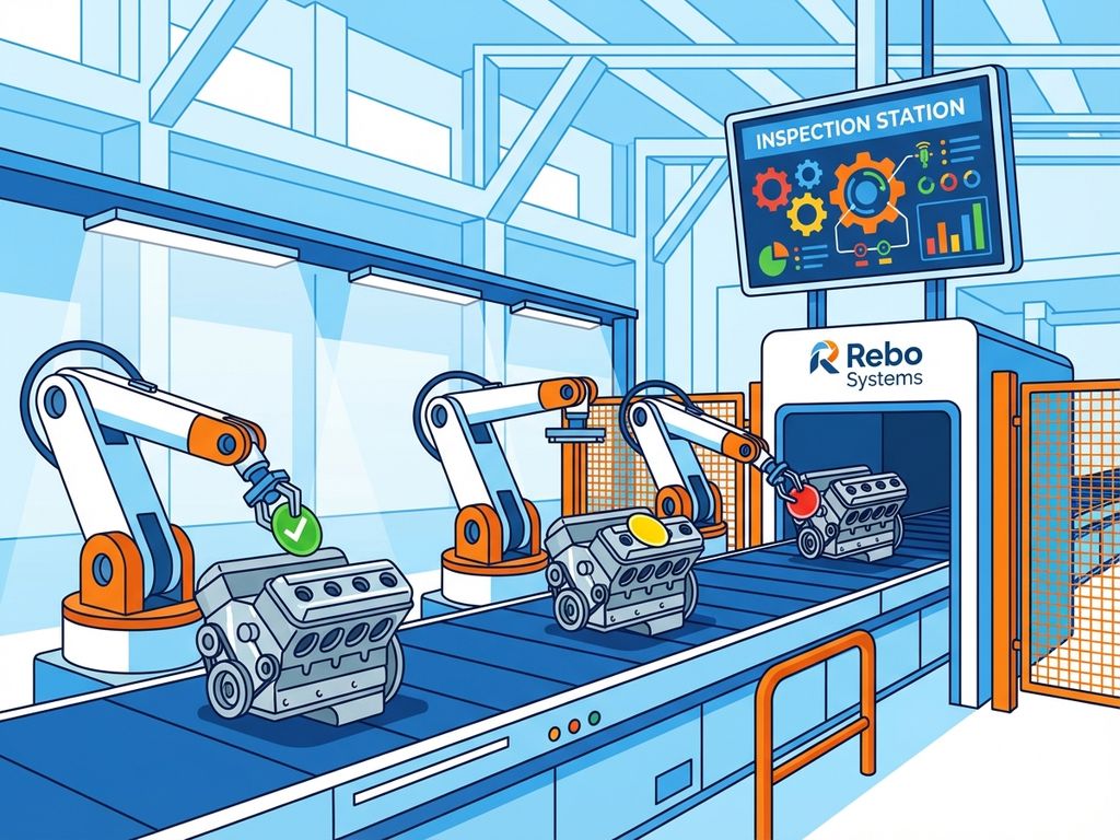 Geautomatiseerd etiketteringssysteem met robotarmen die gekleurde inspectiestickers op metalen onderdelen aanbrengen