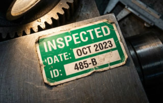 Duurzaam industrieel inspectielabel in groen en wit op metalen oppervlak met meetgereedschap op achtergrond