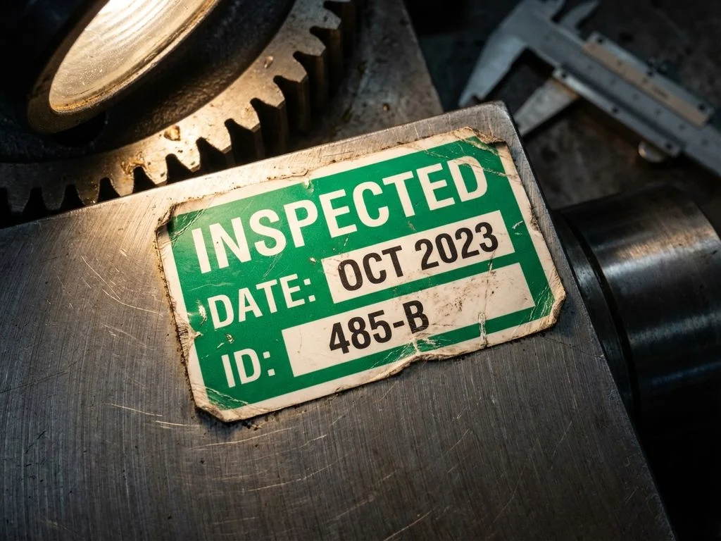 duurzame-industriele-inspectie-labels-groen-wit.jpg Duurzaam industrieel inspectielabel in groen en wit op metalen oppervlak met meetgereedschap op achtergrond