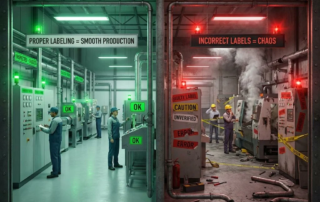 Gesplitst industrieel tafereel: links georganiseerde fabriek met correcte labels, rechts chaotische omgeving met foute etikettering