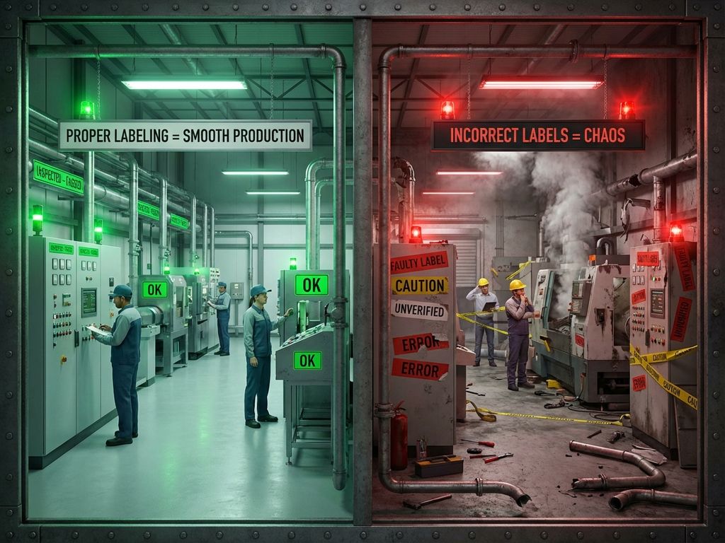 Gesplitst industrieel tafereel: links georganiseerde fabriek met correcte labels, rechts chaotische omgeving met foute etikettering