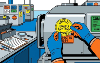 Handen met veiligheidshandschoenen plaatsen oranje inspectiestickers op machines in industriële werkruimte met kwaliteitscontrole.
