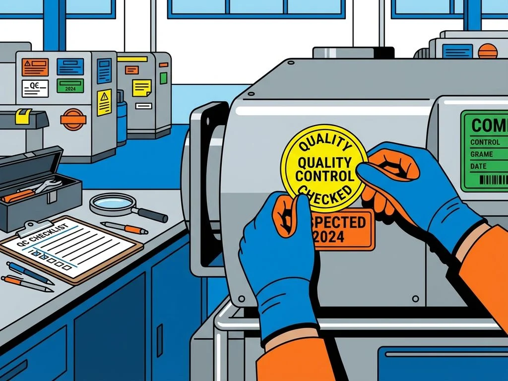 industriele-inspectie-labels-kwaliteitscontrole-werkplaats.jpg Handen met veiligheidshandschoenen plaatsen oranje inspectiestickers op machines in industriële werkruimte met kwaliteitscontrole.