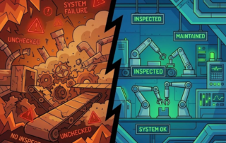 Gesplitste industriële illustratie: chaotische fabriek met kapotte machines links, goed onderhouden apparatuur rechts