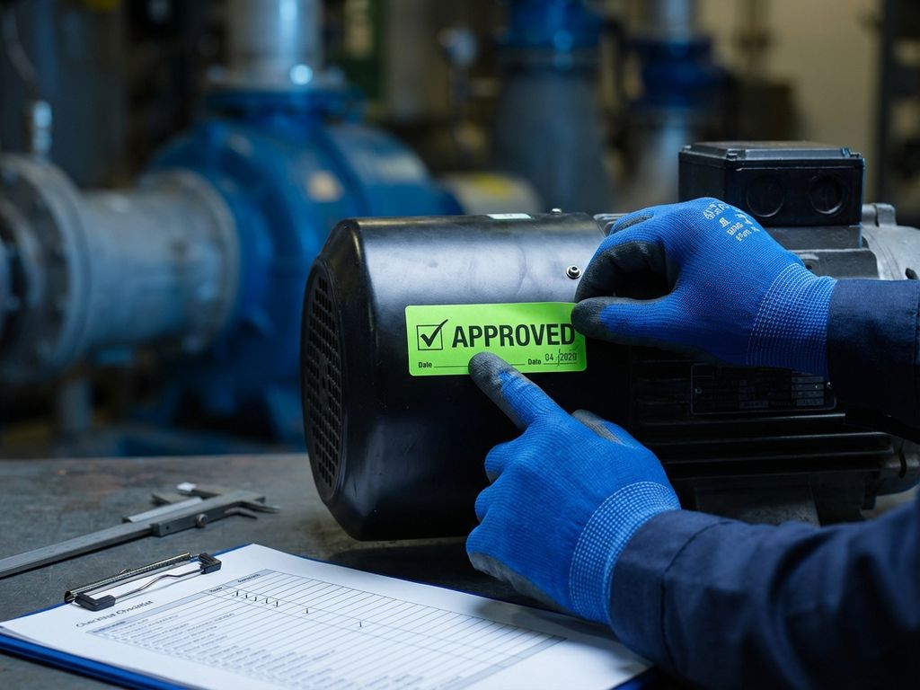 Handen brengen groene "GOEDGEKEURD" inspectie sticker aan op industriële machine met checklist en gereedschap