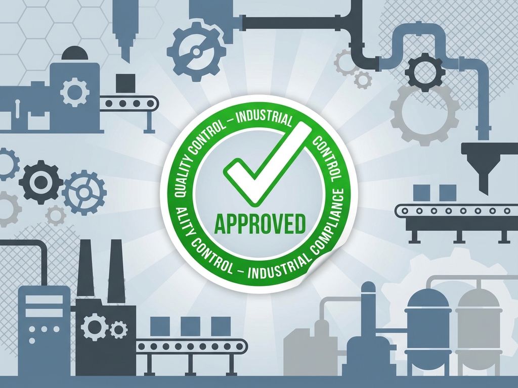Groene goedkeuringssticker met vinkje omringd door industriële apparatuur silhouetten in professioneel blauw-grijs ontwerp