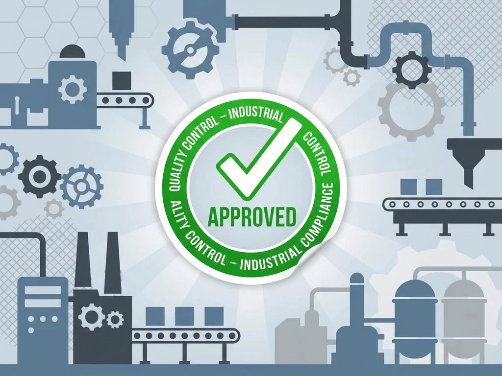 inspectie-sticker-goedgekeurd-industrieel-kwaliteitscontrole.jpg Groene goedkeuringssticker met vinkje omringd door industriële apparatuur silhouetten in professioneel blauw-grijs ontwerp