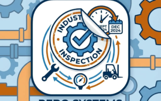 Industriële inspectiesticker met vinkje en klok die onderhoudsschema toont, omringd door gereedschap in blauw en oranje.