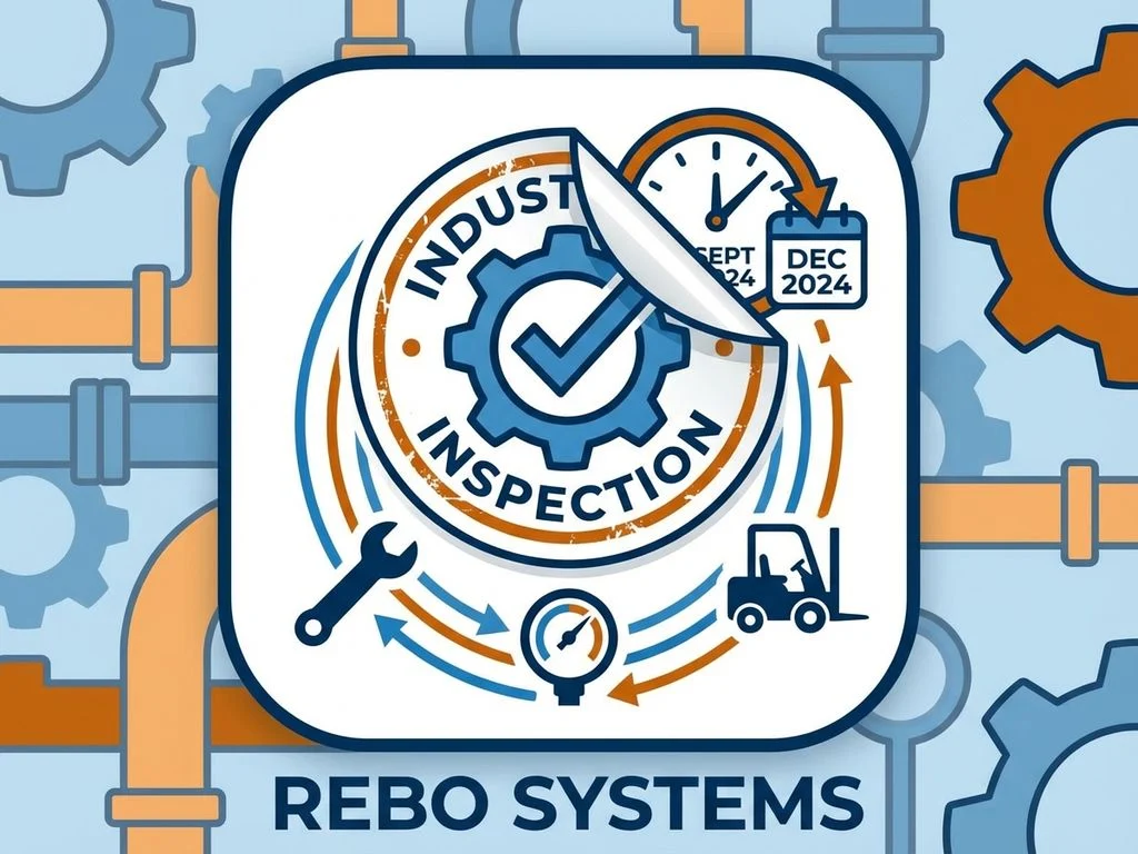 industriele-inspectie-sticker-vervangings-schema.jpg Industriële inspectiesticker met vinkje en klok die onderhoudsschema toont, omringd door gereedschap in blauw en oranje.