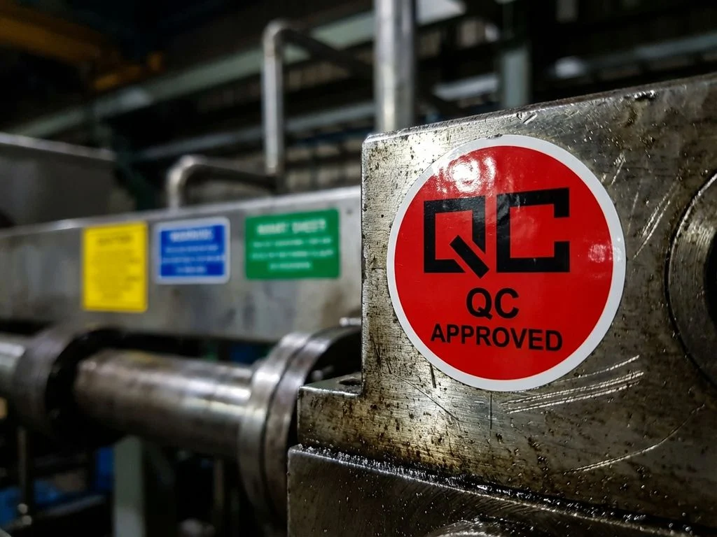 industriele-inspectie-sticker-rood-metaal-apparatuur.jpg Rode circulaire inspectiesticker op industriële metalen apparatuur met andere gekleurde labels op achtergrond