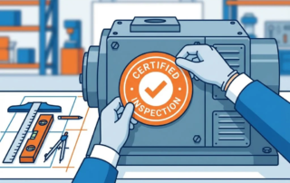 Hands plaatsen oranje en witte certificeringssticker op industriële apparatuur met uitlijngereedschap