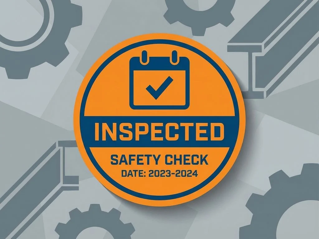 industriele-inspectie-sticker-veiligheid-controle.jpg Industriële inspectiesticker met kalender en vinkjes in oranje en blauw, omringd door geometrische machinesilhouetten
