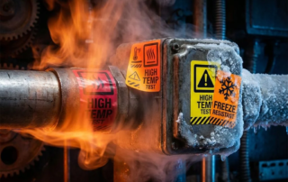 Industriële inspectiestickers in oranje, geel en rood bestand tegen extreme hitte en vorst op metalen apparatuur
