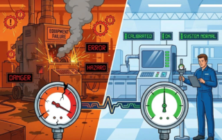 Industriële split-screen met defecte apparatuur links en goed onderhouden machines met kalibratietools rechts