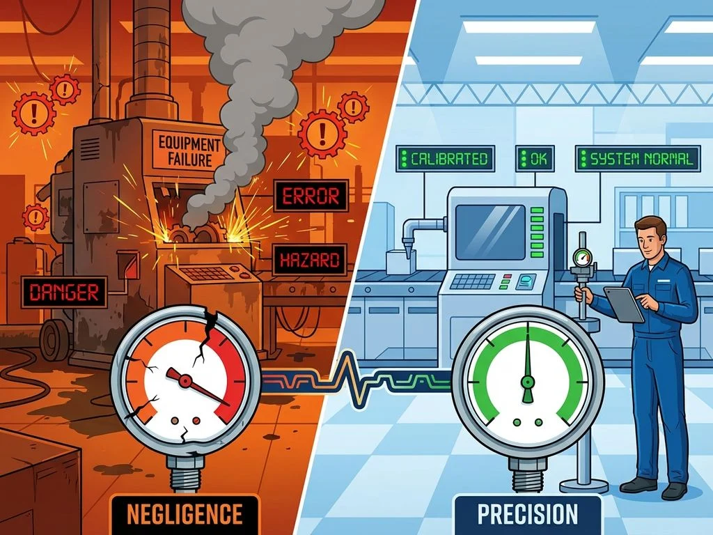 industriele-kalibratie-onderhoud-vergelijking-fabriek.jpg Industriële split-screen met defecte apparatuur links en goed onderhouden machines met kalibratietools rechts