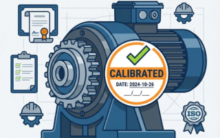 Industriële machine met kalibratiesticker en zwevende compliance-iconen in blauw-grijze kleuren