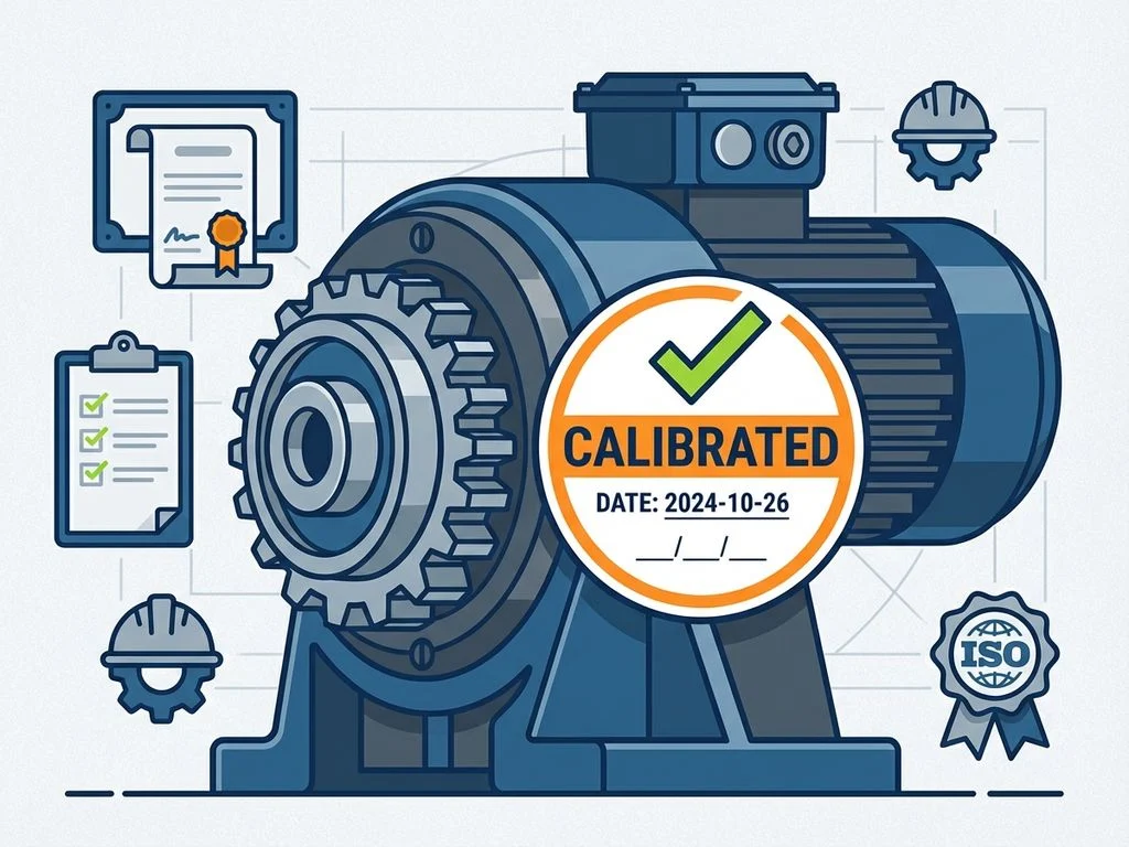 industriele-kalibratie-compliance-certificering-sticker.jpg Industriële machine met kalibratiesticker en zwevende compliance-iconen in blauw-grijze kleuren