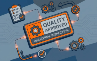 Industrieel inspectielabel omringd door kwaliteitscontrole-elementen, checklists en tandwielen in blauw en oranje