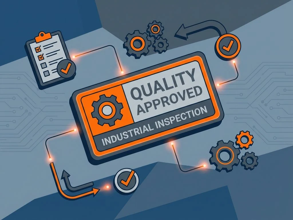 industriele-inspectie-labels-kwaliteitscontrole-systeem.jpg Industrieel inspectielabel omringd door kwaliteitscontrole-elementen, checklists en tandwielen in blauw en oranje
