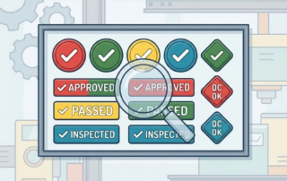 Kleurrijke inspectielabels en stickers in verschillende vormen met vinkjes, gerangschikt op industriële achtergrond