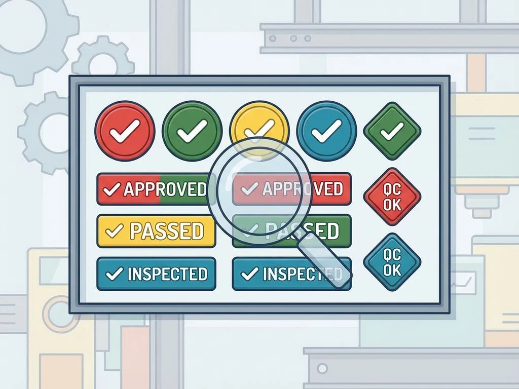 Kleurrijke inspectielabels en stickers in verschillende vormen met vinkjes, gerangschikt op industriële achtergrond