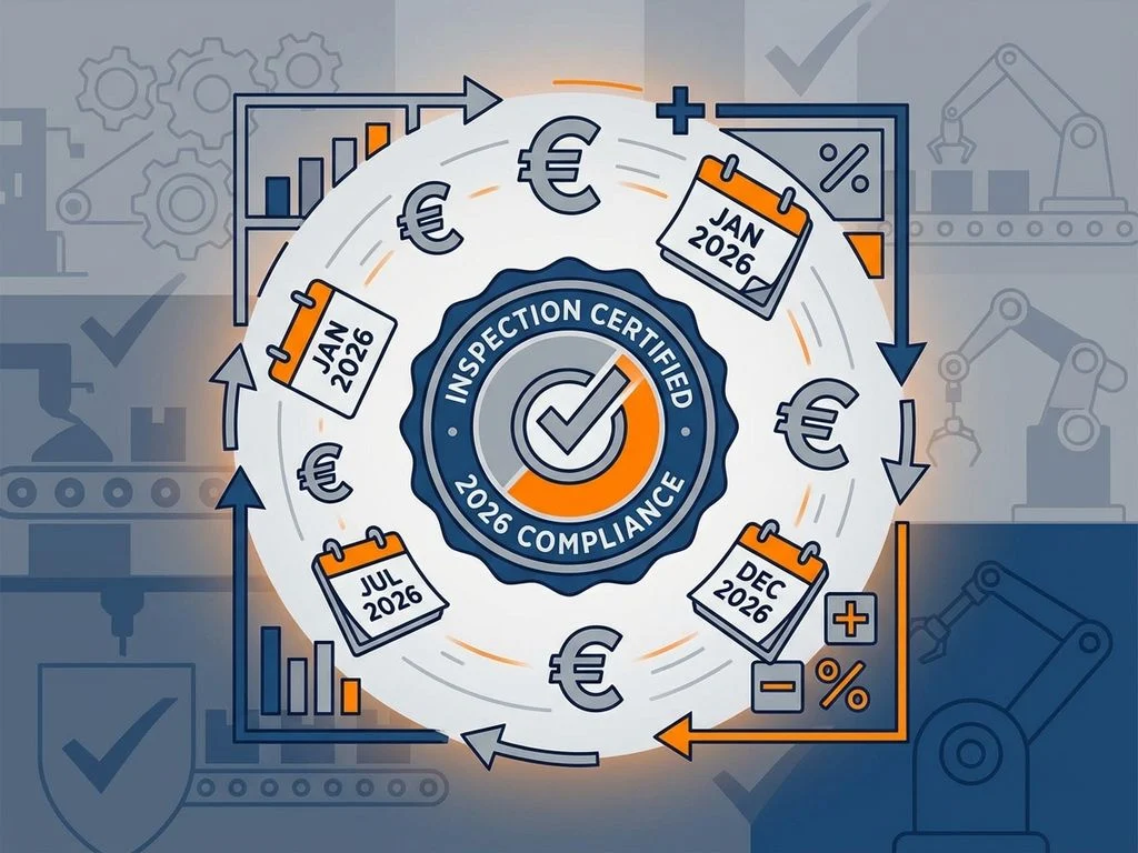 inspectie-sticker-kosten-certificering-2026.jpg Inspectiecertificaat met euro-symbolen en 2026 kalender, omringd door industriële apparatuur silhouetten in blauw-oranje